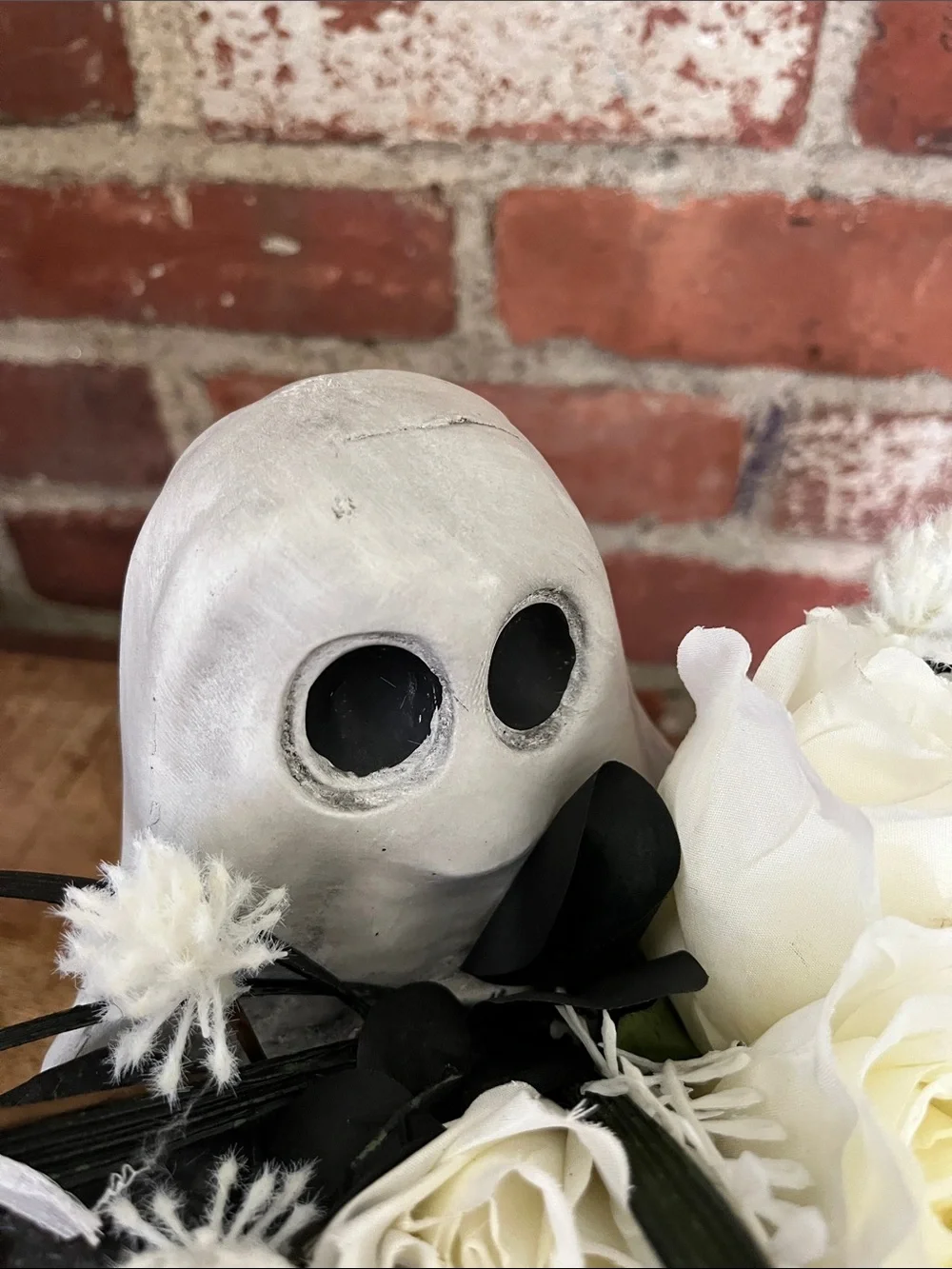 White ghost  Floral Centerpiece with Black Feather Accents